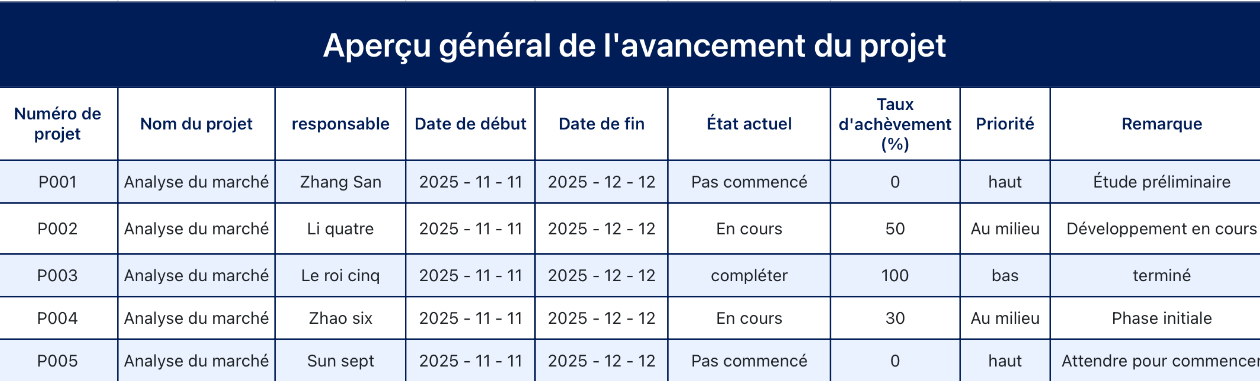 Aperçu général de l'avancement du projet
